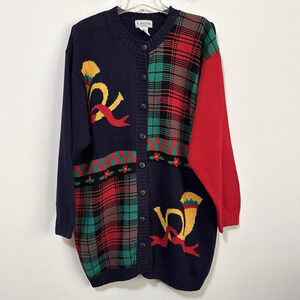 IZOD Cardigan Sweater 2X Plus Christmas Button Front French Horn Party Navy Red